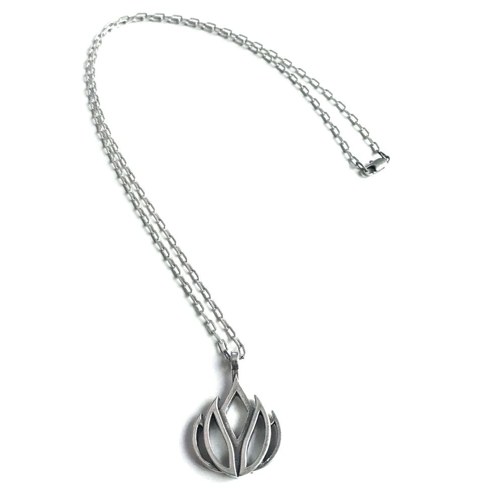 Handcrafted solid sterling silver lotus flower necklace on an 18-24 inch stainless steel chain. Made in USA with a lifetime warranty.