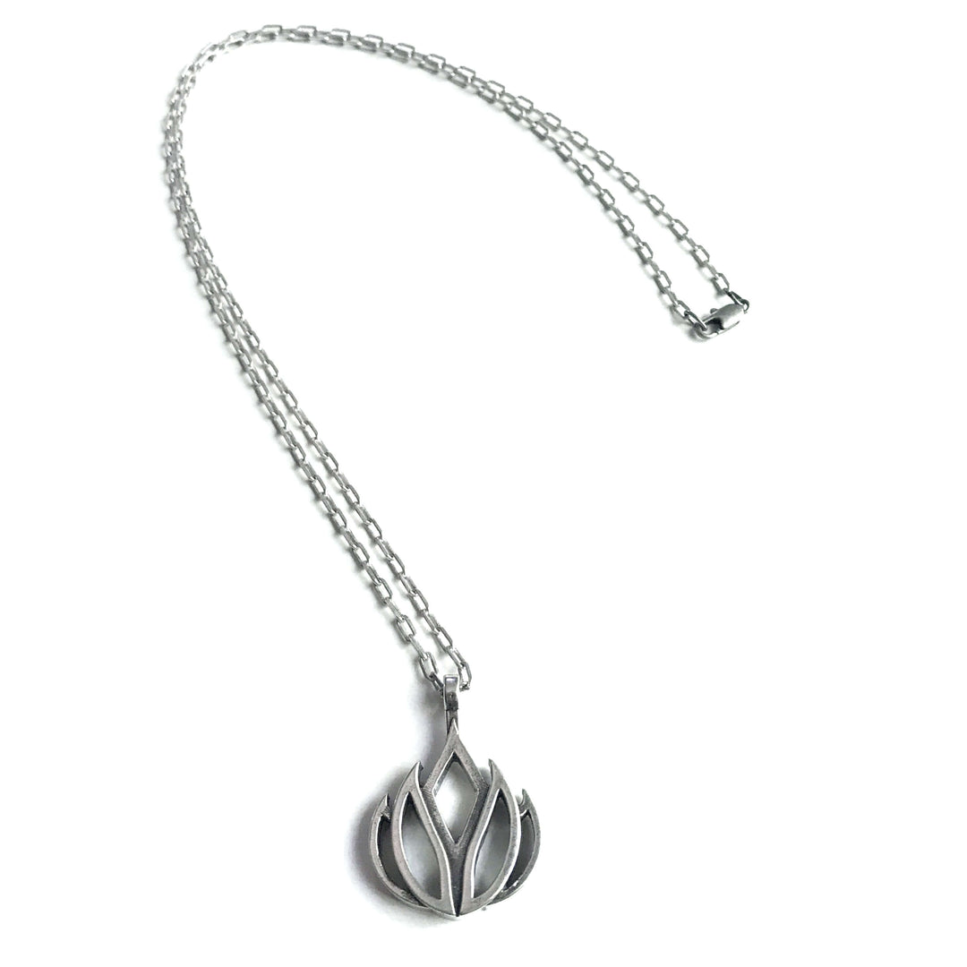 Handcrafted solid sterling silver lotus flower necklace on an 18-24 inch stainless steel chain. Made in USA with a lifetime warranty.