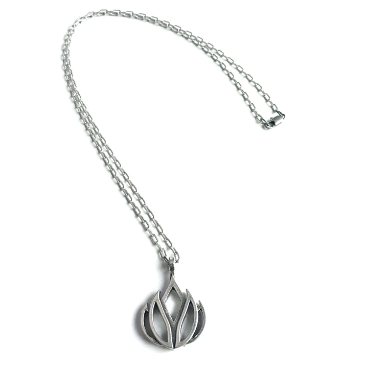 Handcrafted solid sterling silver lotus flower necklace on an 18-24 inch stainless steel chain. Made in USA with a lifetime warranty.