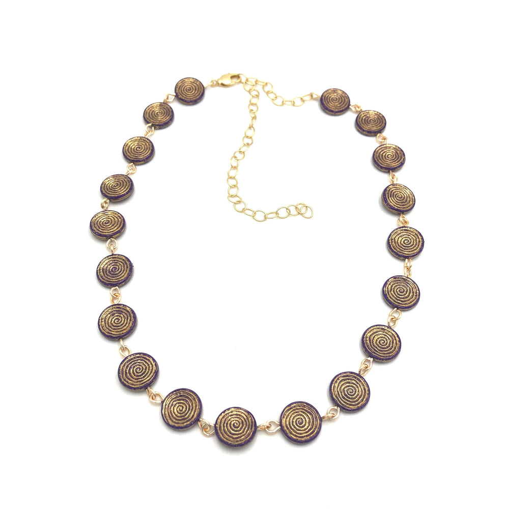 Deep purple German Lucite beads with gold spiral etching, hand-linked rosary style. Vintage deadstock, handcrafted in the USA.