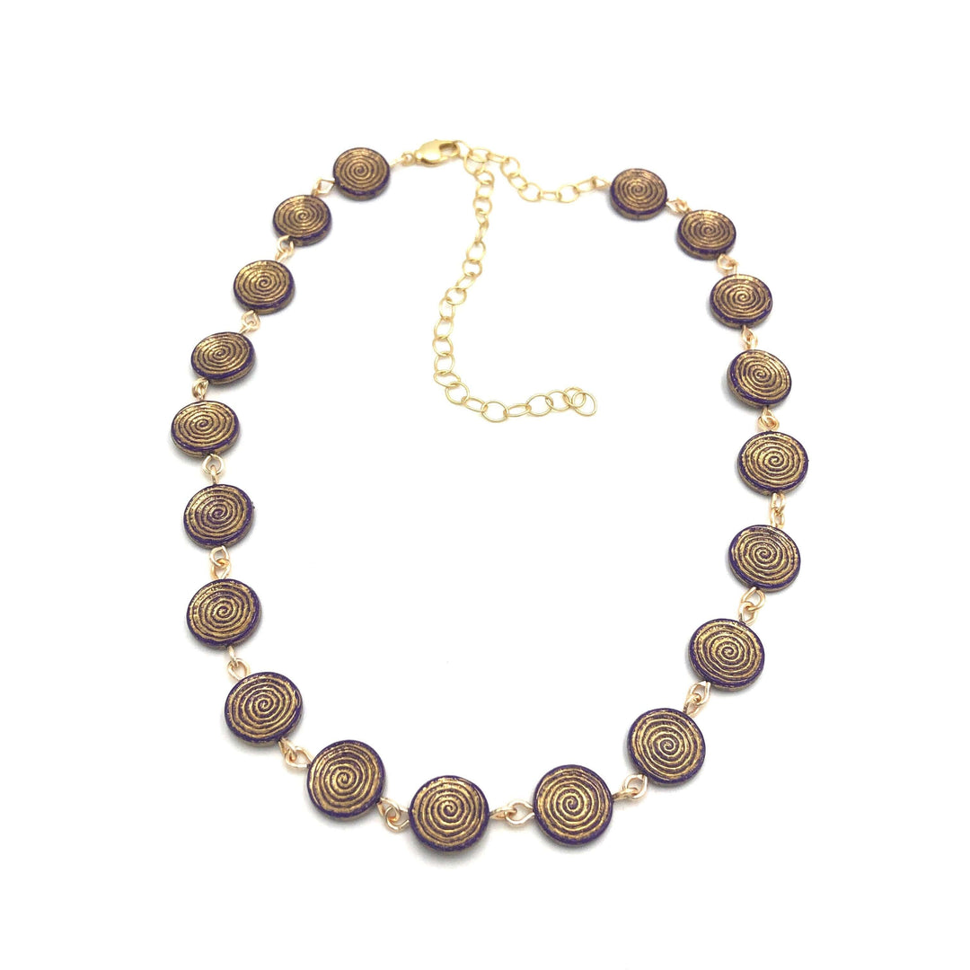 Deep purple German Lucite beads with gold spiral etching, hand-linked rosary style. Vintage deadstock, handcrafted in the USA.