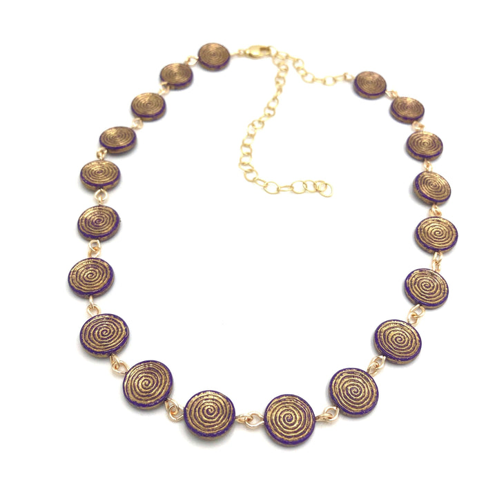 Deep purple German Lucite beads with gold spiral etching, hand-linked rosary style. Vintage deadstock, handcrafted in the USA.