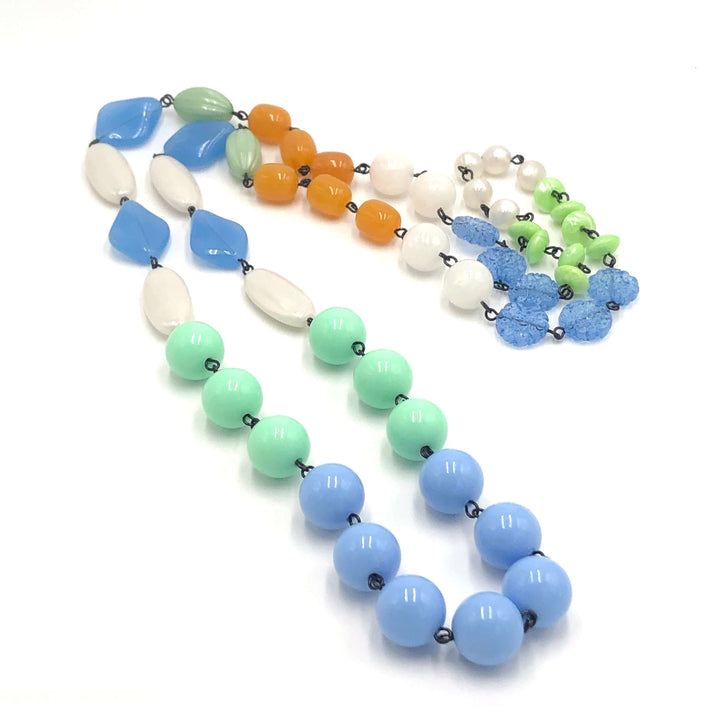 44" bohemian rope necklace in pastel blue, mint &amp; gold vintage Lucite beads. Wear long or doubled. Every bead vintage, handcrafted in USA.