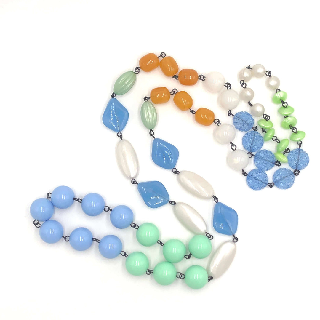 44" bohemian rope necklace in pastel blue, mint &amp; gold vintage Lucite beads. Wear long or doubled. Every bead vintage, handcrafted in USA.