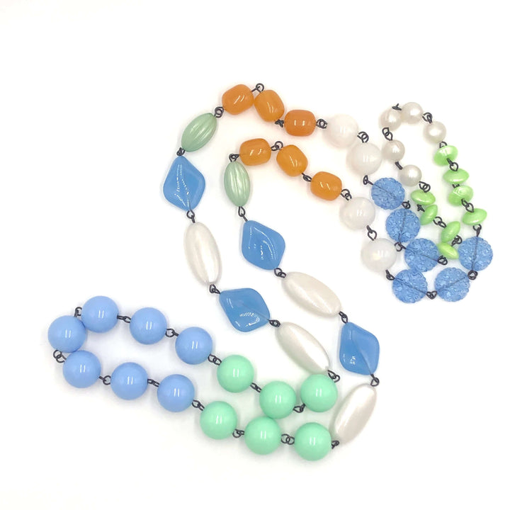 44" bohemian rope necklace in pastel blue, mint &amp; gold vintage Lucite beads. Wear long or doubled. Every bead vintage, handcrafted in USA.