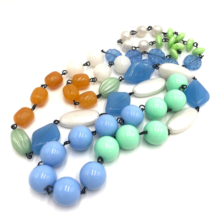 44" bohemian rope necklace in pastel blue, mint &amp; gold vintage Lucite beads. Wear long or doubled. Every bead vintage, handcrafted in USA.