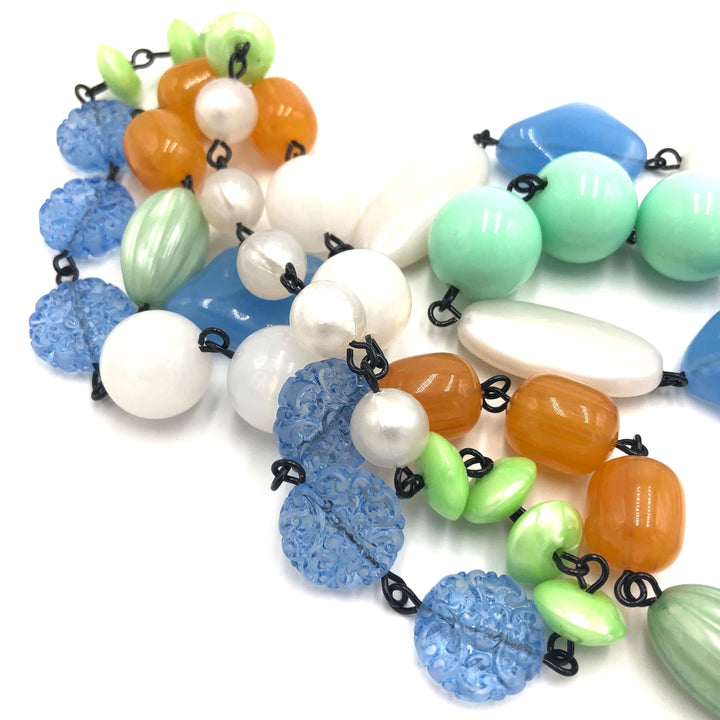 44" bohemian rope necklace in pastel blue, mint &amp; gold vintage Lucite beads. Wear long or doubled. Every bead vintage, handcrafted in USA.
