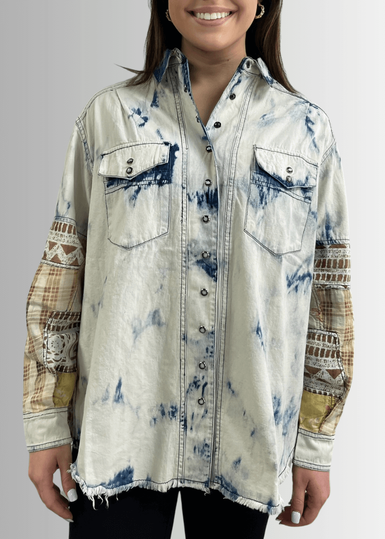 Jaded Gypsy In the Clouds Snap Down Boho Design Denim Shirt Jacket with Patchwork Detail & Front Pockets - Chambray | Made In USA 