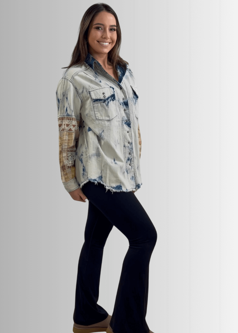 Jaded Gypsy In the Clouds Snap Down Boho Design Denim Shirt Jacket with Patchwork Detail &amp; Front Pockets - Chambray | Made In USA 