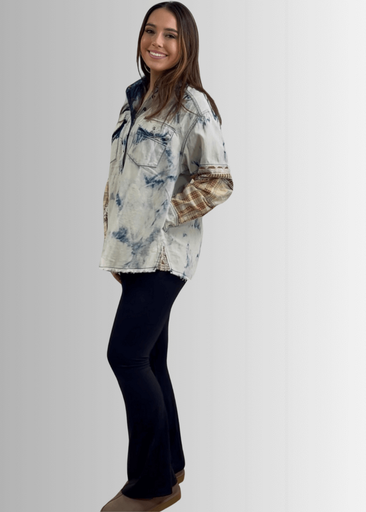 Jaded Gypsy In the Clouds Snap Down Boho Design Denim Shirt Jacket with Patchwork Detail &amp; Front Pockets - Chambray | Made In USA 