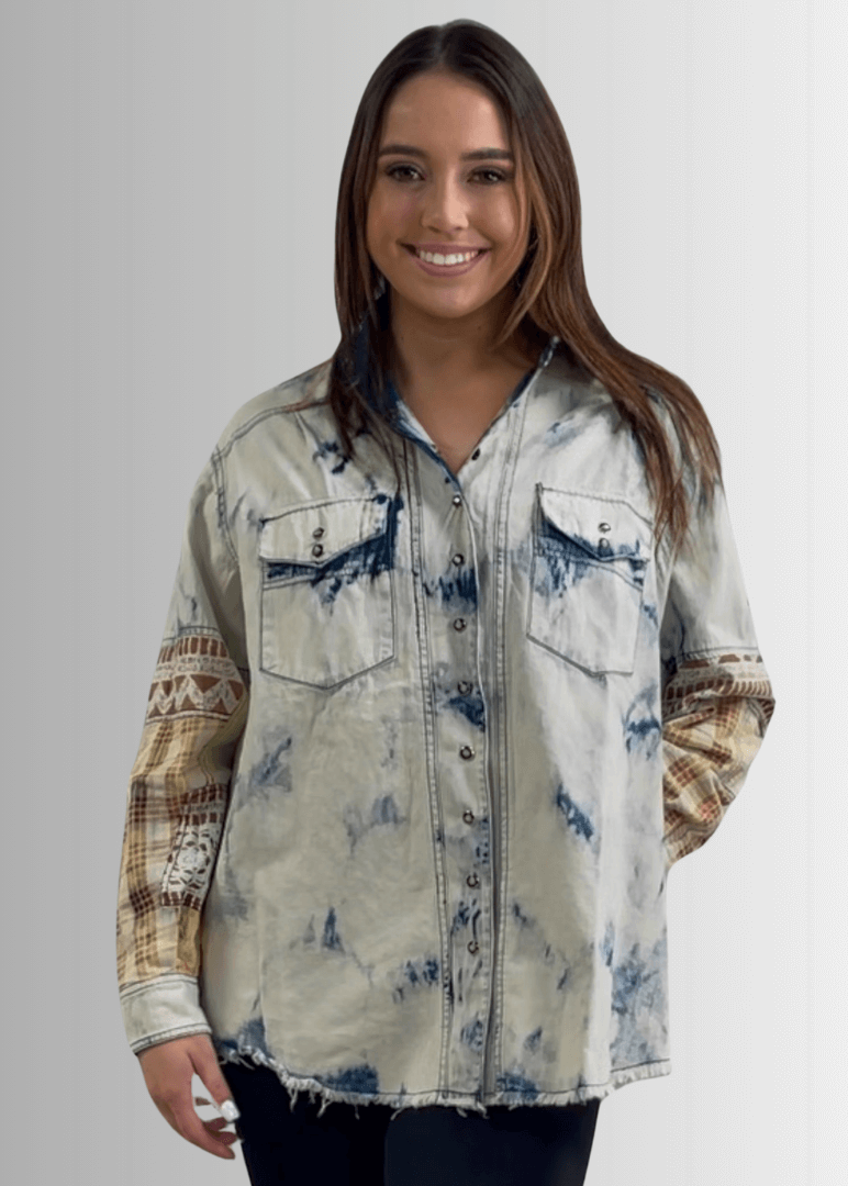 Jaded Gypsy In the Clouds Snap Down Boho Design Denim Shirt Jacket with Patchwork Detail &amp; Front Pockets - Chambray | Made In USA 