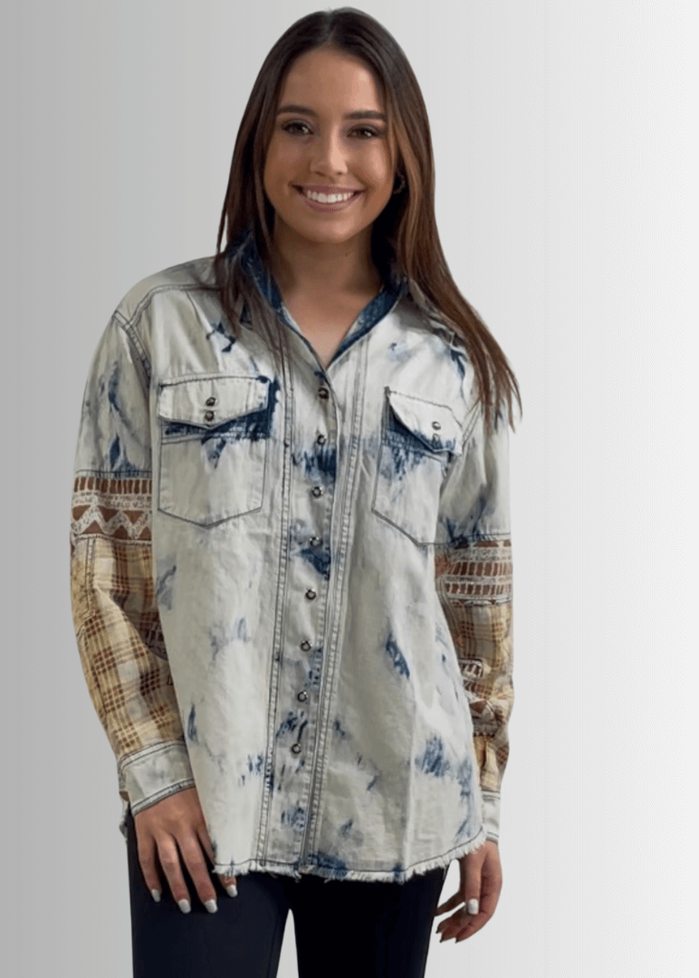 Jaded Gypsy In the Clouds Snap Down Boho Design Denim Shirt Jacket with Patchwork Detail &amp; Front Pockets - Chambray | Made In USA 
