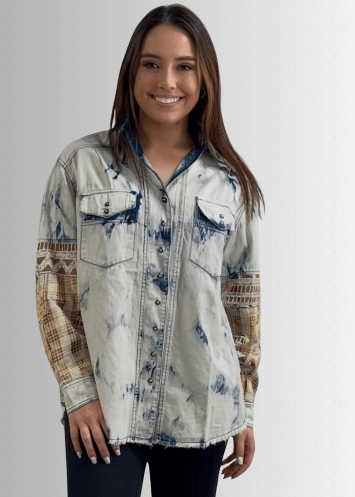 Jaded Gypsy In the Clouds Snap Down Boho Design Denim Shirt Jacket with Patchwork Detail &amp; Front Pockets - Chambray | Made In USA 
