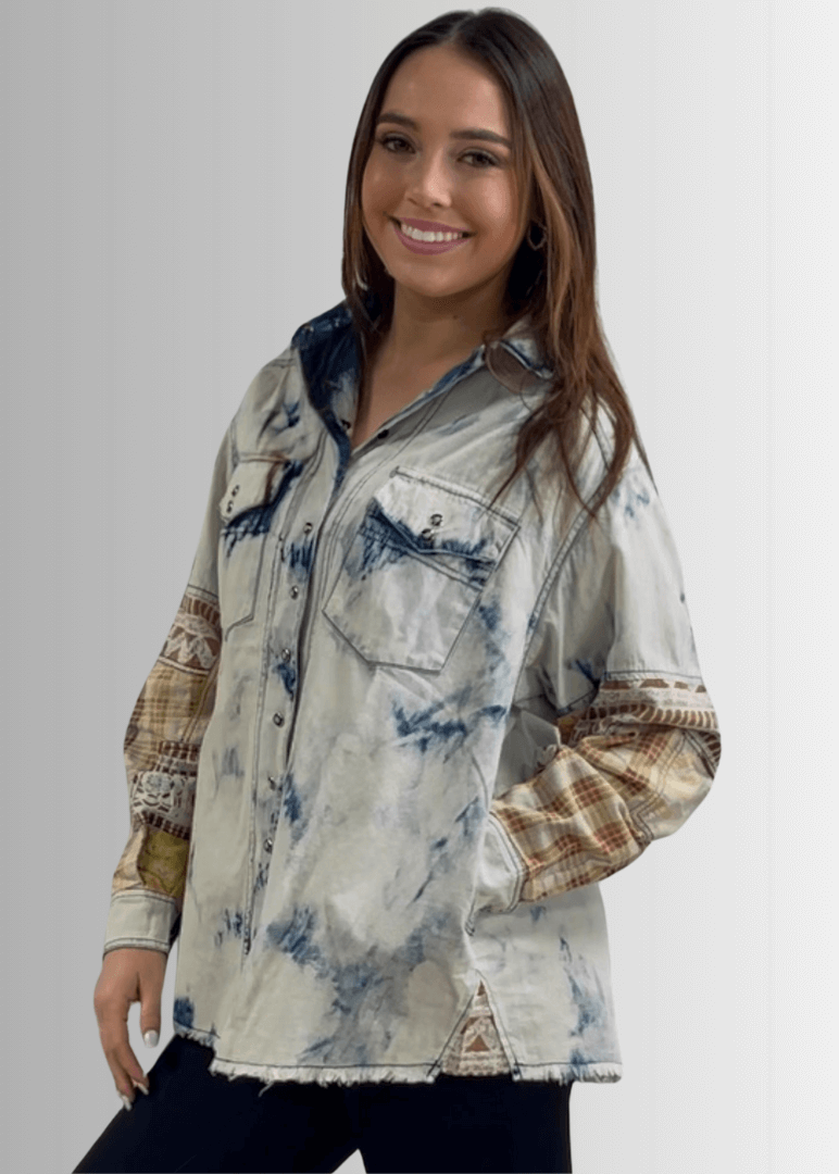 Jaded Gypsy In the Clouds Snap Down Boho Design Denim Shirt Jacket with Patchwork Detail & Front Pockets - Chambray | Made In USA 