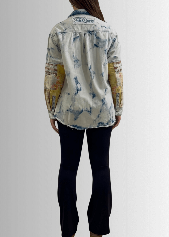 Jaded Gypsy In the Clouds Snap Down Boho Design Denim Shirt Jacket with Patchwork Detail &amp; Front Pockets - Chambray | Made In USA 