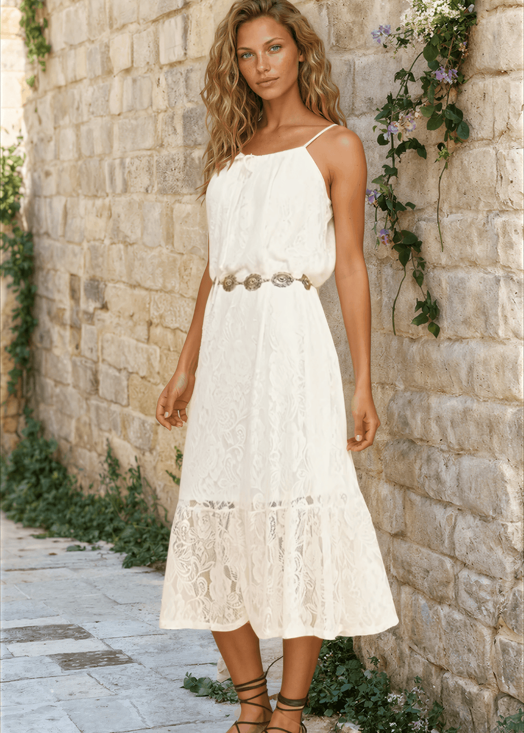Made in USA Women's Lace Tie Front Midi Dress in Ivory, Lined to Knee,  Lace straps, Tiered with Flounce Ruffle Hem | Classy Cozy Cool Made in America Boutique