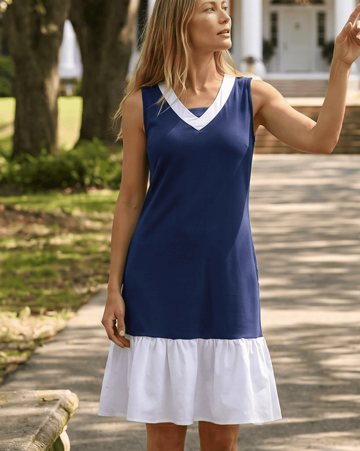 Jenny J USA Newport Coast Dress — 100% organic cotton farmed, milled &amp; sewn in the USA. Farm to Finish craftsmanship. Navy color block A-line, knee length.