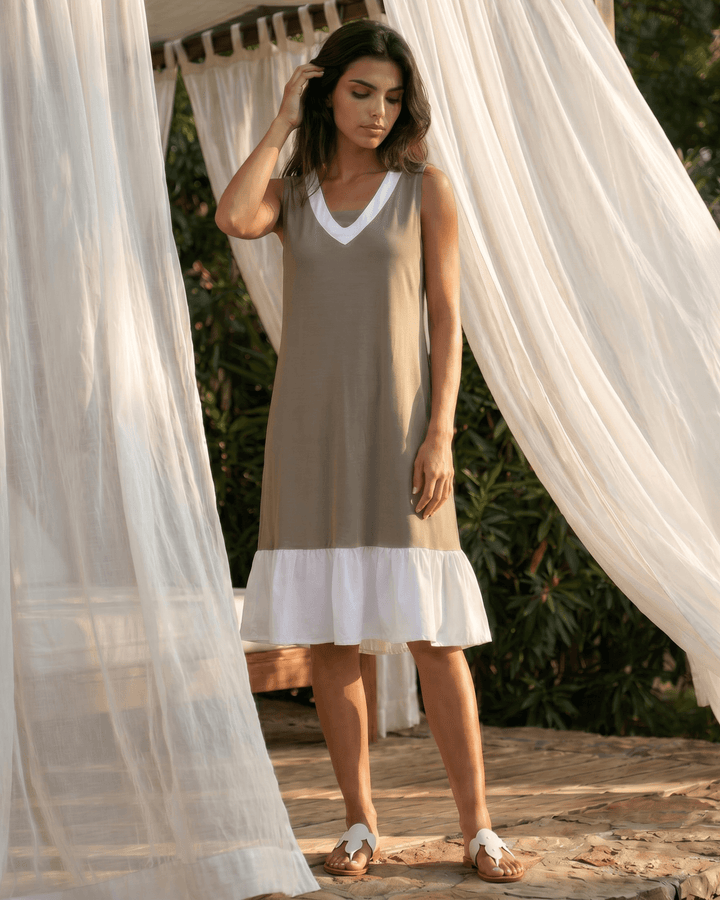Newport Coast Dress  by Jenny J USA — 100% organic cotton farmed, milled &amp; sewn in the USA. Farm to  Finish Craftsmanship, Wet Weather Taupe color block A-line, knee length.