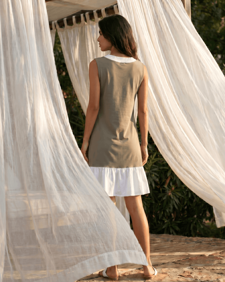 Newport Coast Dress  by Jenny J USA — 100% organic cotton farmed, milled &amp; sewn in the USA. Farm to  Finish Craftsmanship, Wet Weather Taupe color block A-line, knee length.