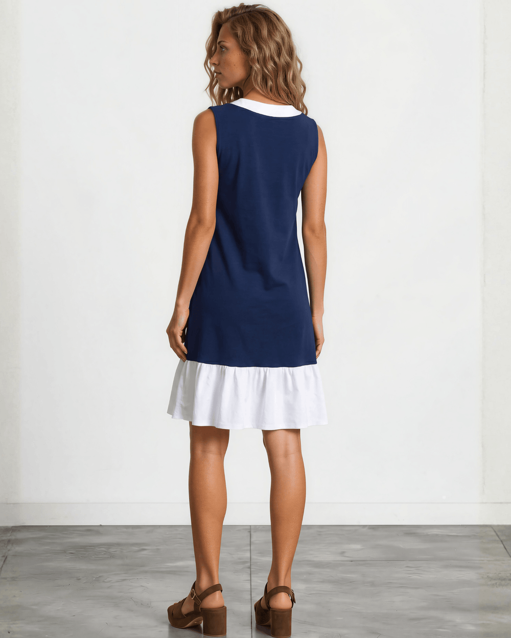 Jenny J USA Newport Coast Dress — 100% organic cotton farmed, milled & sewn in the USA. Farm to Finish craftsmanship. Navy color block A-line, knee length.