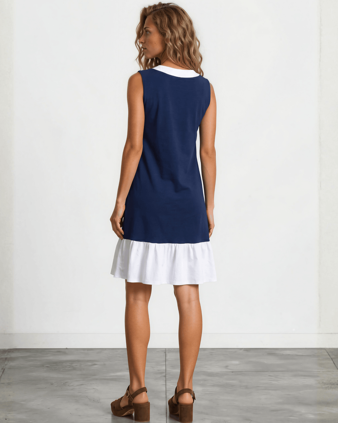 Jenny J USA Newport Coast Dress — 100% organic cotton farmed, milled &amp; sewn in the USA. Farm to Finish craftsmanship. Navy color block A-line, knee length.