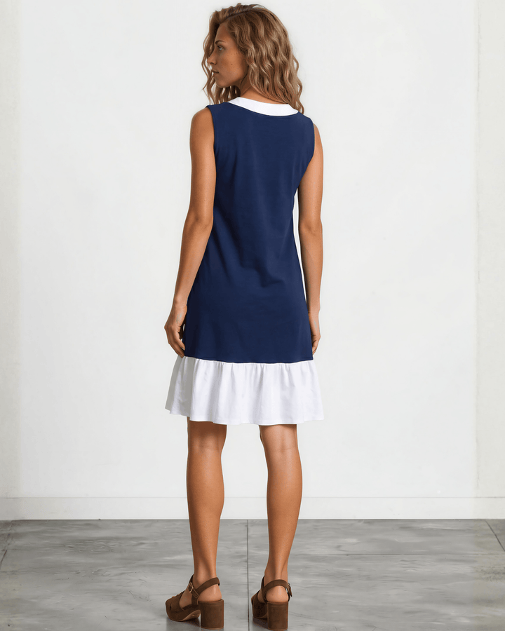 Jenny J USA Newport Coast Dress — 100% organic cotton farmed, milled &amp; sewn in the USA. Farm to Finish craftsmanship. Navy color block A-line, knee length.