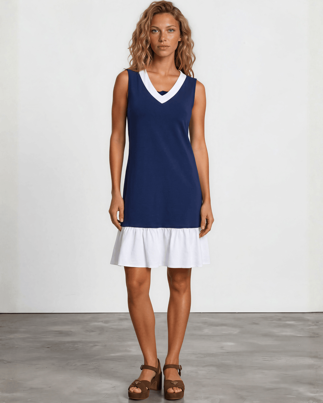 Jenny J USA Newport Coast Dress — 100% organic cotton farmed, milled &amp; sewn in the USA. Farm to Finish craftsmanship. Navy color block A-line, knee length.