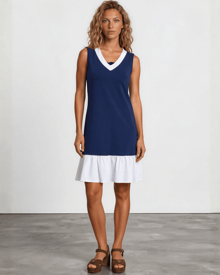 Jenny J USA Newport Coast Dress — 100% organic cotton farmed, milled &amp; sewn in the USA. Farm to Finish craftsmanship. Navy color block A-line, knee length.