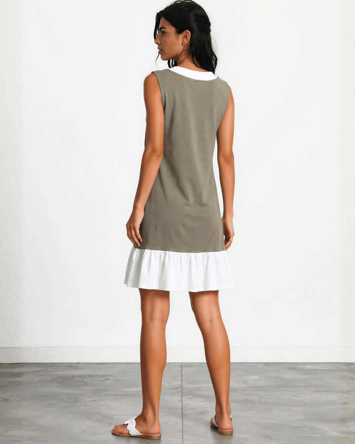 Newport Coast Dress  by Jenny J USA — 100% organic cotton farmed, milled &amp; sewn in the USA. Farm to  Finish Craftsmanship, Wet Weather Taupe color block A-line, knee length.