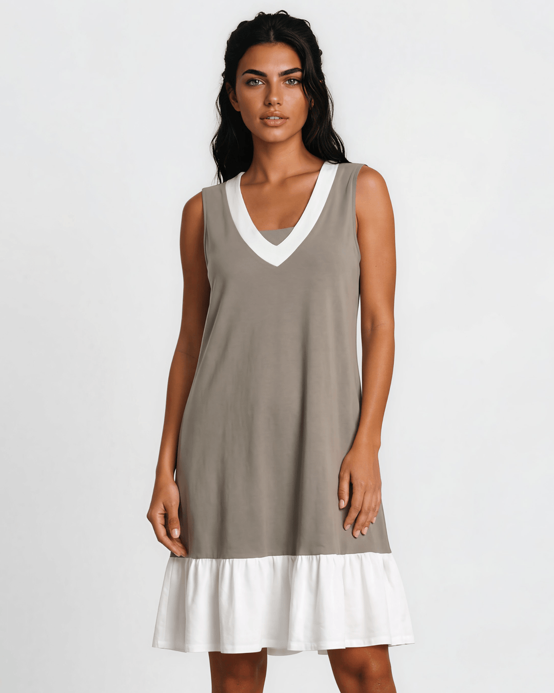 Newport Coast Dress  by Jenny J USA — 100% organic cotton farmed, milled &amp; sewn in the USA. Farm to  Finish Craftsmanship, Wet Weather Taupe color block A-line, knee length.