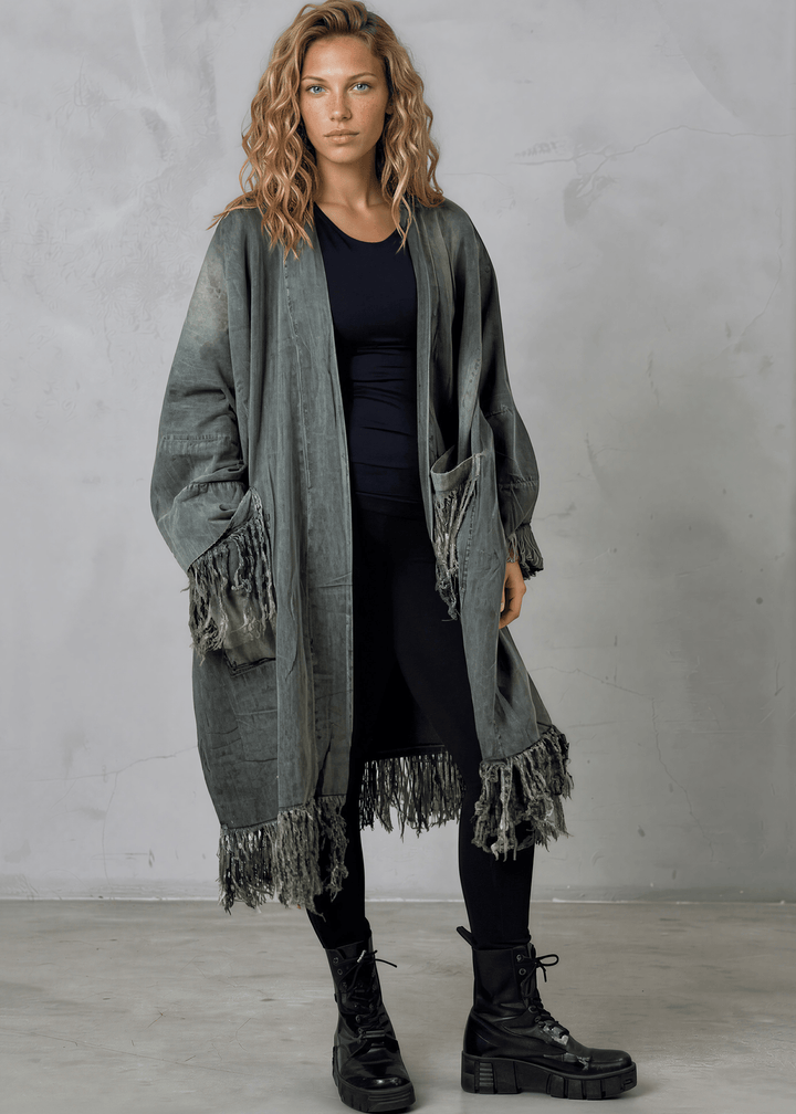 Jaded Gypsy Oversized Denim Open Front Duster Jacket, Distressed for Unique Look, Fringe Hem &amp; Pockets, Large Pockets, Very Oversized &amp; Slouchy, 100% Cotton, Made in USA