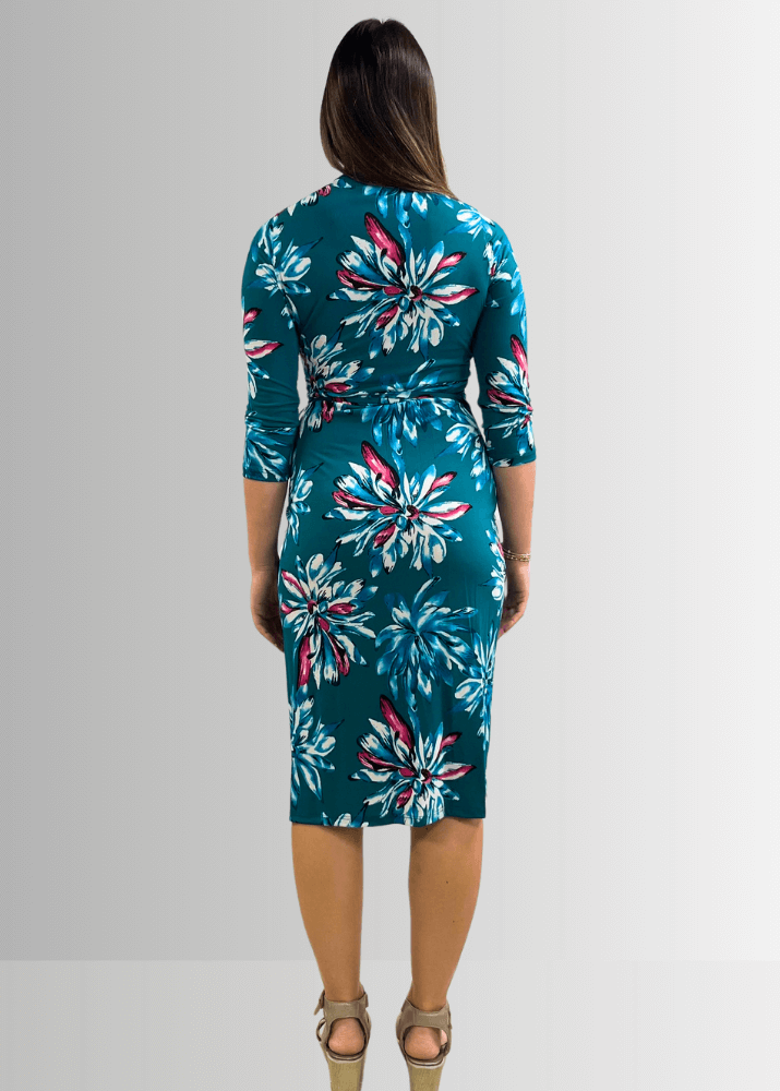 Made in USA Women's Jade Green Floral Jersey Wrap Knee Length Midi Dress  | Renee C. Style 4329DRu |