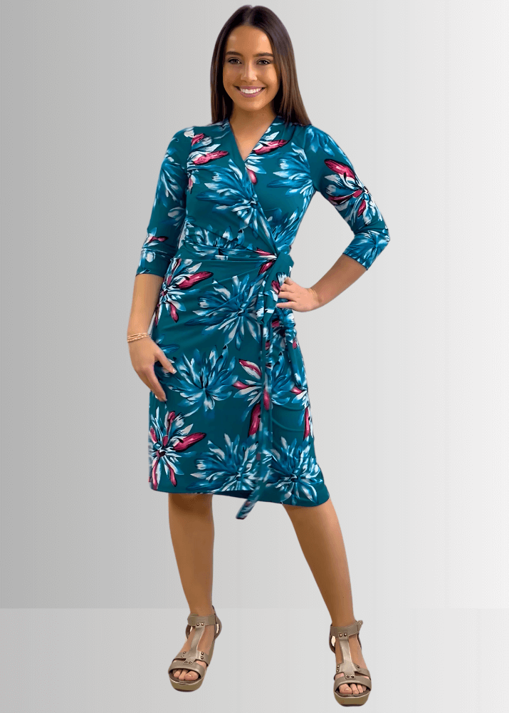 Made in USA Women's Jade Green Floral Jersey Wrap Knee Length Midi Dress  | Renee C. Style 4329DRu |