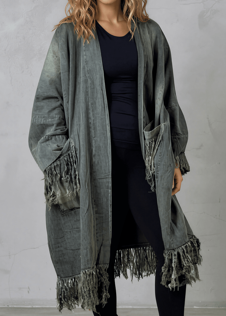 Jaded Gypsy Oversized Denim Open Front Duster Jacket, Distressed for Unique Look, Fringe Hem &amp; Pockets, Large Pockets, Very Oversized &amp; Slouchy, 100% Cotton, Made in USA