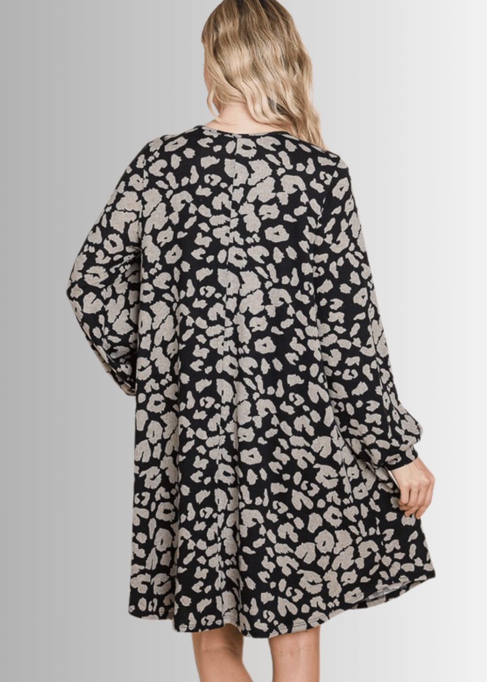 Made in USA Women's Long Sleeve Knee Length Cheetah Print A-Line Sweater Dress in Black & Taupe | Classy Cozy Cool Made in America Boutique