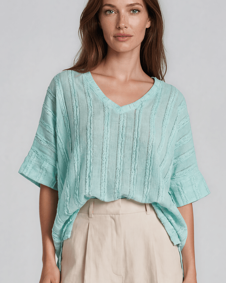 Shop the Laurel Textured Top in Aqua Blue — a relaxed oversized v-neck with striped lace effect, contrast sleeve bands &amp; side slit. Made in USA.