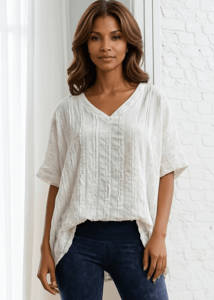 Elevate your everyday wardrobe with the Laurel Textured Top in Off White or Sage Green, a versatile Made in USA essential. This textured oversized v-neck features a delicate striped lace effect and half sleeves contrasting bands for a polished look. 