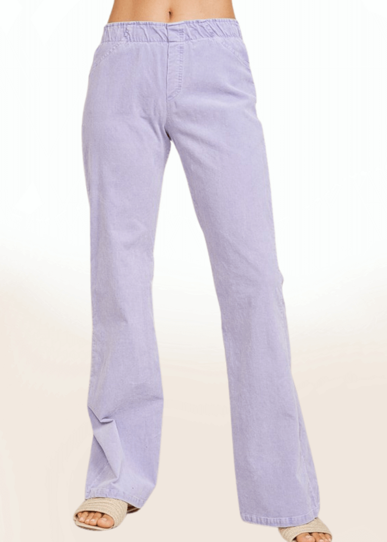Made in USA Women's Cotton Pull On Lavender Corduroy Pants, Elastic Waistband, Mid Rise, Slight Flare Hem, Relaxed Fit, Back Pockets | Classy Cozy Cool Made in America Boutique