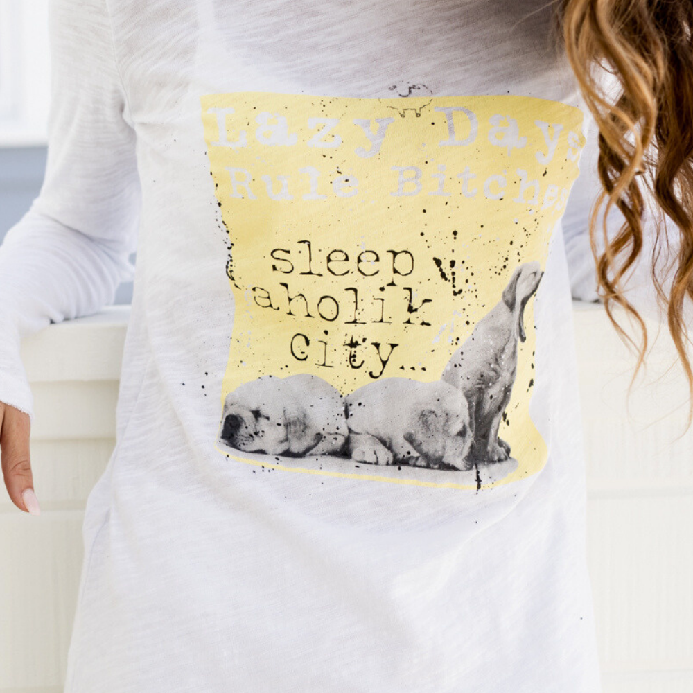 Sleepaholik Lazy Days Rule Long Sleeve Tee | Made in USA | Long Sleeve Cotton Crew Tee with our "Lazy Days Rule Bitches" graphics | Classy Cozy Cool 