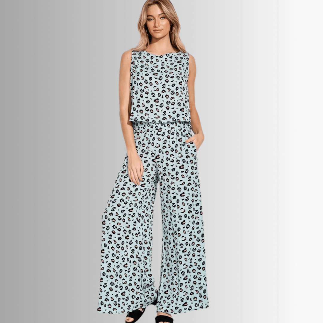 USA Made Animal Print crop muscle top and palazzo pants 2 piece set by Phil Love in Mint or Beige | Classy Cozy Cool Women&