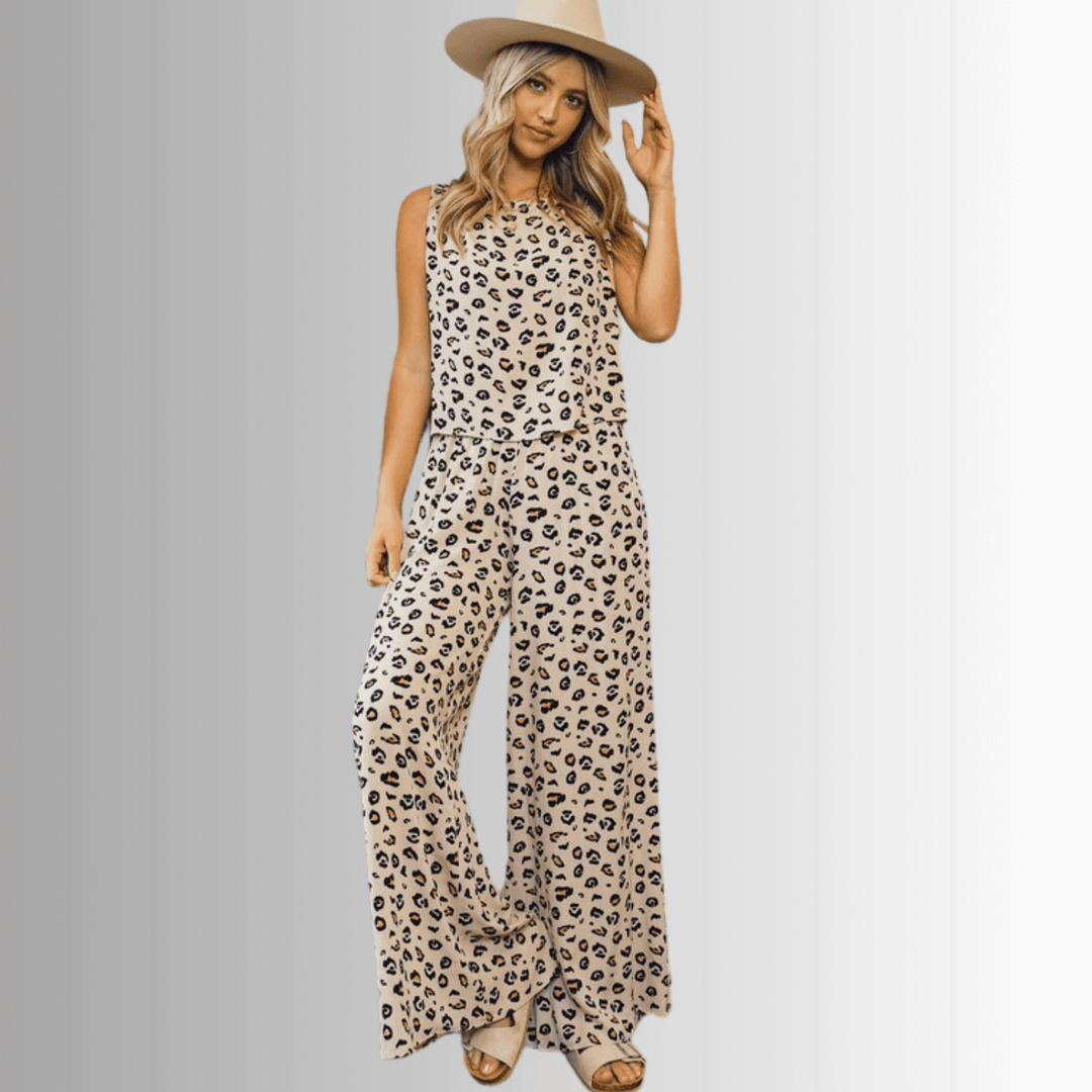 USA Made Animal Print crop muscle top and palazzo pants 2 piece set by Phil Love in Mint or Beige | Classy Cozy Cool Women&