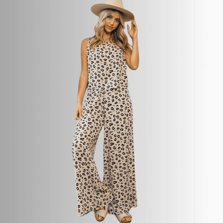 USA Made Animal Print crop muscle top and palazzo pants 2 piece set by Phil Love in Mint or Beige | Classy Cozy Cool Women&