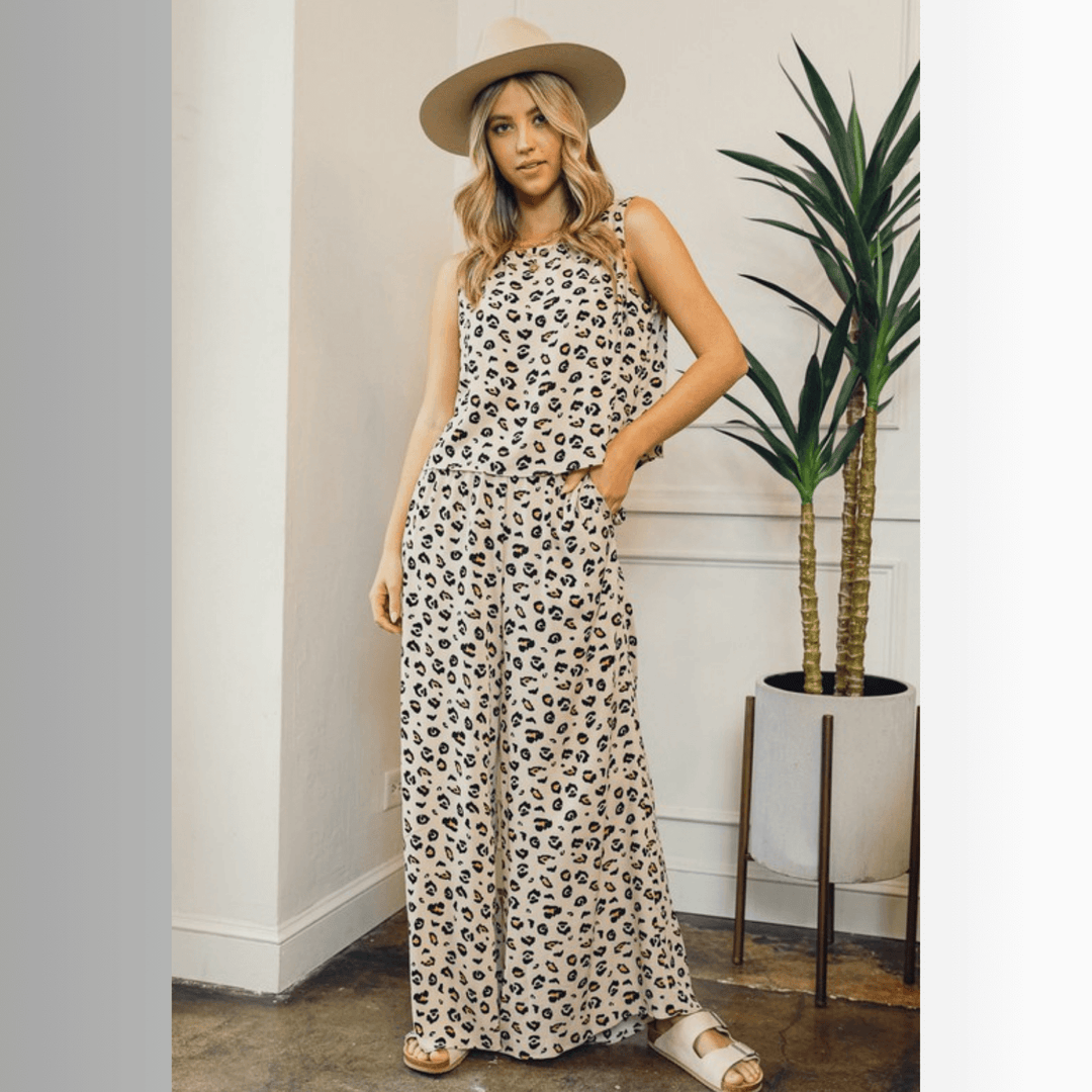 USA Made Animal Print crop muscle top and palazzo pants 2 piece set by Phil Love in Mint or Beige | Classy Cozy Cool Women&