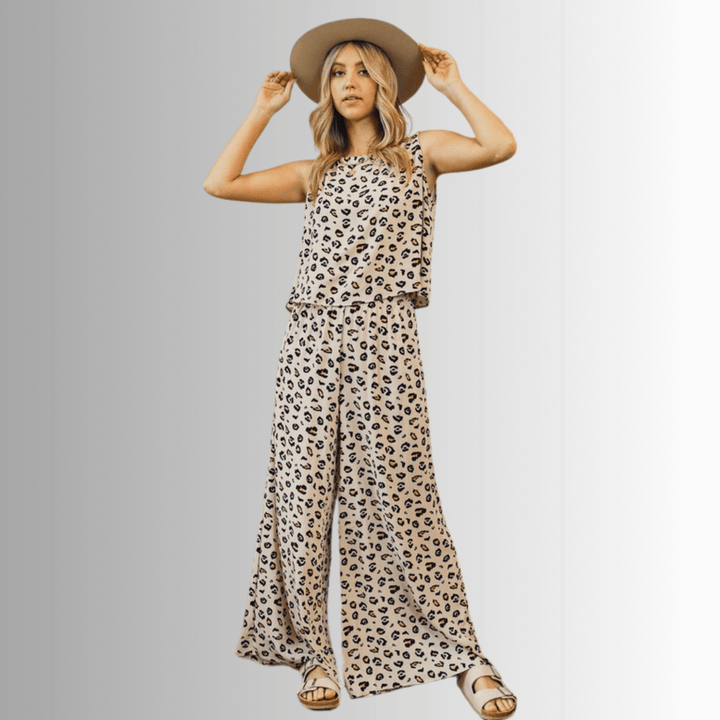 USA Made Animal Print crop muscle top and palazzo pants 2 piece set by Phil Love in Mint or Beige | Classy Cozy Cool Women&
