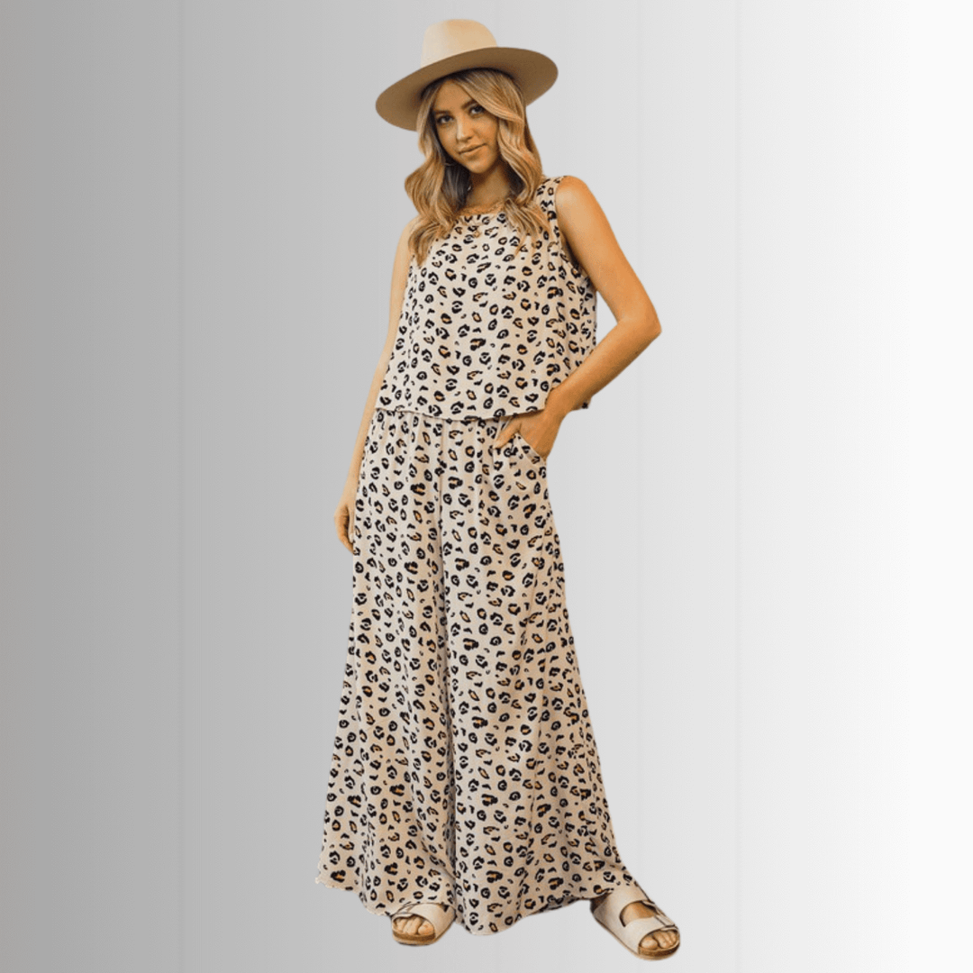 USA Made Animal Print crop muscle top and palazzo pants 2 piece set by Phil Love in Mint or Beige | Classy Cozy Cool Women&