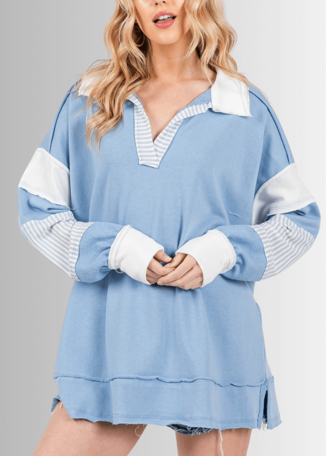 Made in USA Women's Striped Contrast Oversized Collared V-Neck Pullover Sweatshirt, Longer Tunic Length, Raw Edge Seams and Hem in Light Blue and White | Classy Cozy Cool Made in USA Boutique