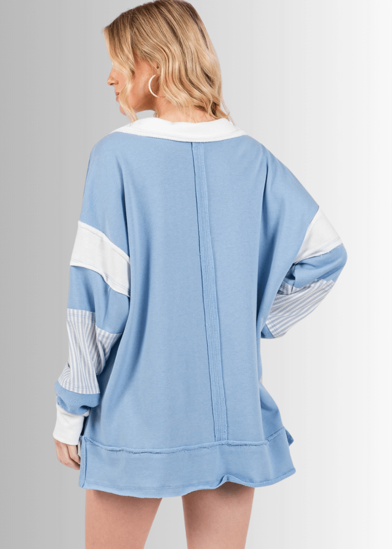 Made in USA Women's Striped Contrast Oversized Collared V-Neck Pullover Sweatshirt, Longer Tunic Length, Raw Edge Seams and Hem in Light Blue and White | Classy Cozy Cool Made in USA Boutique