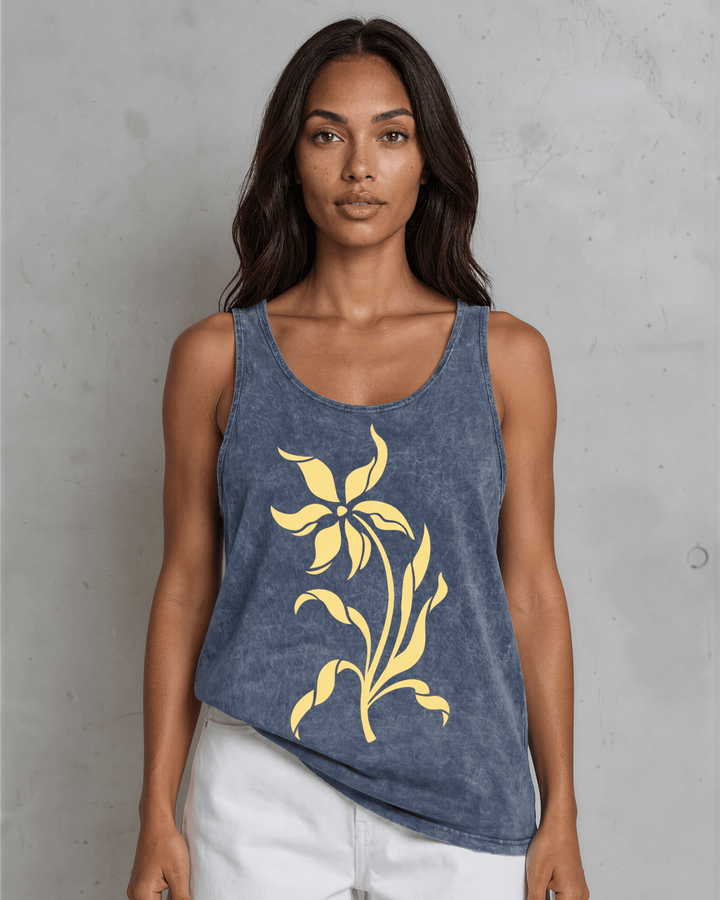 Lily Whisper botanical floral graphic tank in mineral-washed denim blue. Made in USA with USA-grown cotton, soft 95% cotton/5% spandex, relaxed fit.