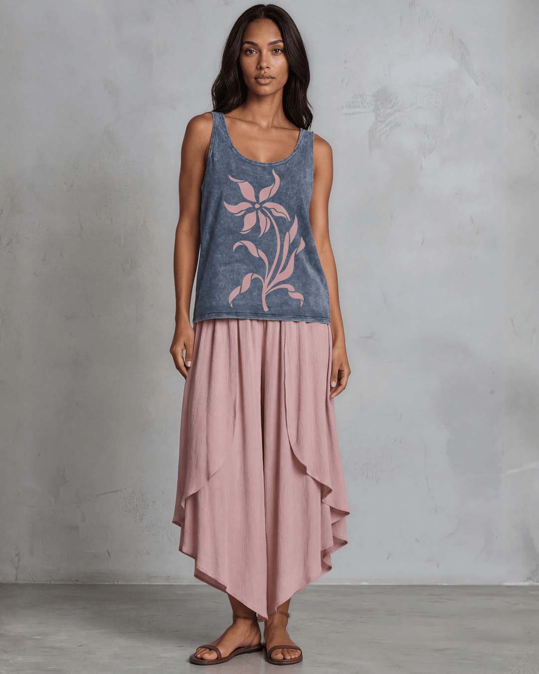 Lily Whisper botanical floral graphic tank in mineral-washed denim blue. Made in USA with USA-grown cotton, soft 95% cotton/5% spandex, relaxed fit.