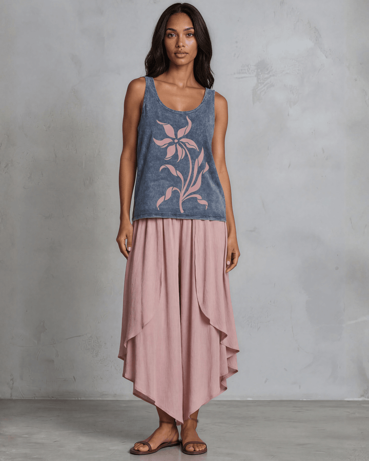 Lily Whisper botanical floral graphic tank in mineral-washed denim blue. Made in USA with USA-grown cotton, soft 95% cotton/5% spandex, relaxed fit.